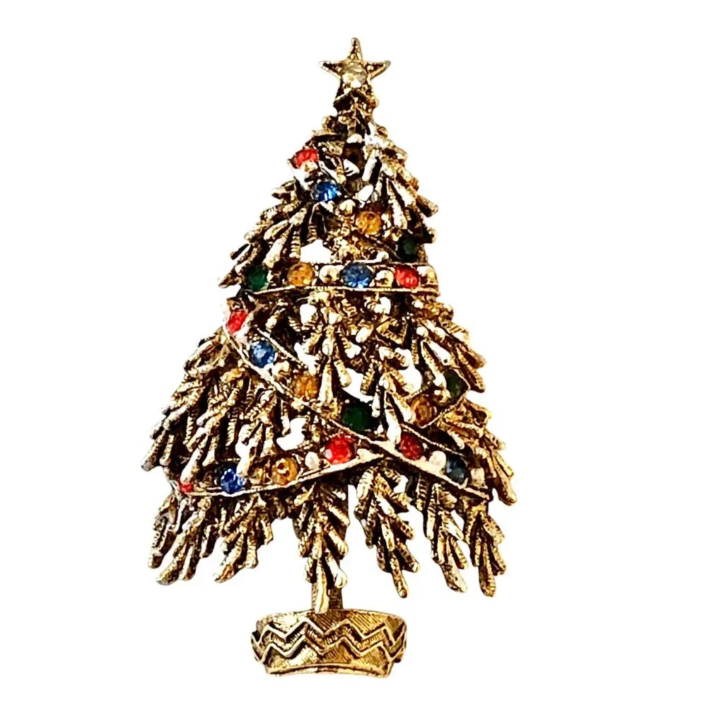 ART Arthur Pepper Vintage Christmas Tree Brooch Rhinestones & Beads Snow Signed